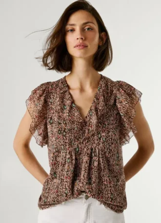 Bluse mit V-Ausschnitt und Rüschen