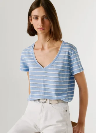 Gestreiftes T-Shirt mit V-Ausschnitt