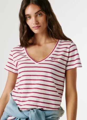 Gestreiftes T-Shirt mit V-Ausschnitt