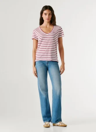 Gestreiftes T-Shirt mit V-Ausschnitt