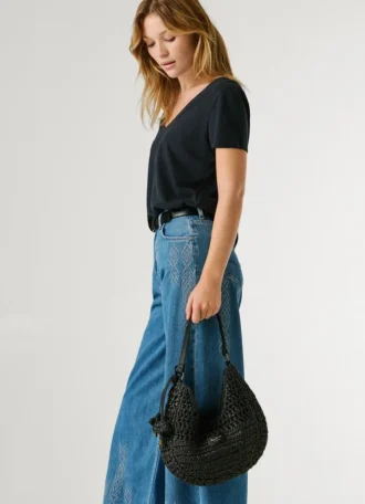 Halbmondförmige Raffia-Handtasche