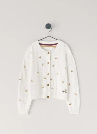 Pointelle-Strickjacke mit gestickten Blumen
