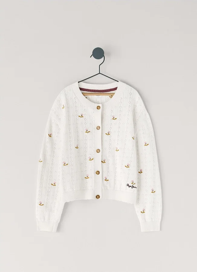 Pointelle-Strickjacke mit gestickten Blumen Pointelle-Strickjacke mit gestickten Blumen