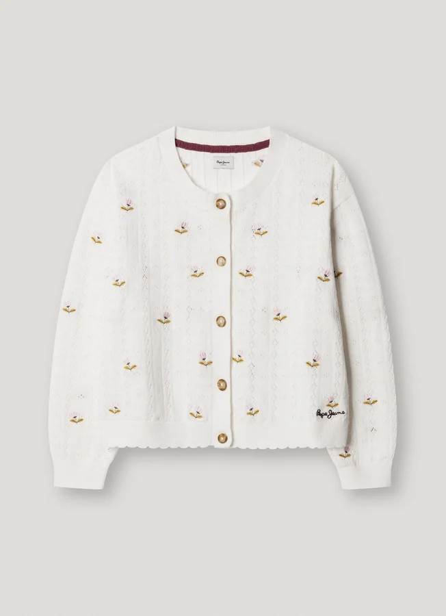 Pointelle-Strickjacke mit gestickten Blumen Pointelle-Strickjacke mit gestickten Blumen