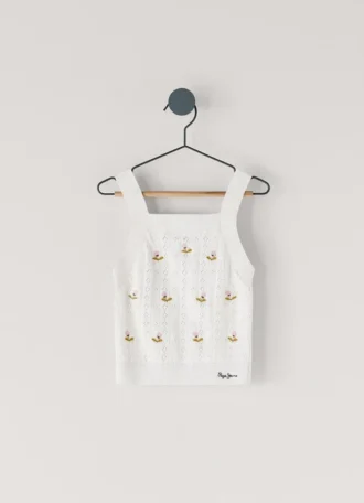Pointelle-Top mit gestickten Blumen