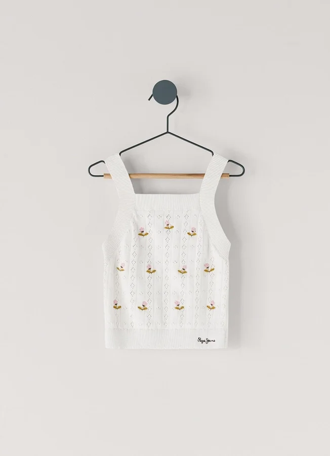 Pointelle-Top mit gestickten Blumen Pointelle-Top mit gestickten Blumen