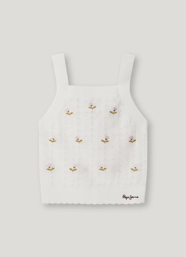 Pointelle-Top mit gestickten Blumen Pointelle-Top mit gestickten Blumen