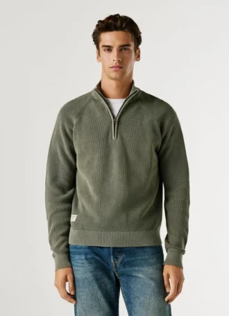 Pullover mit hohem Kragen und halbem Reißverschluss