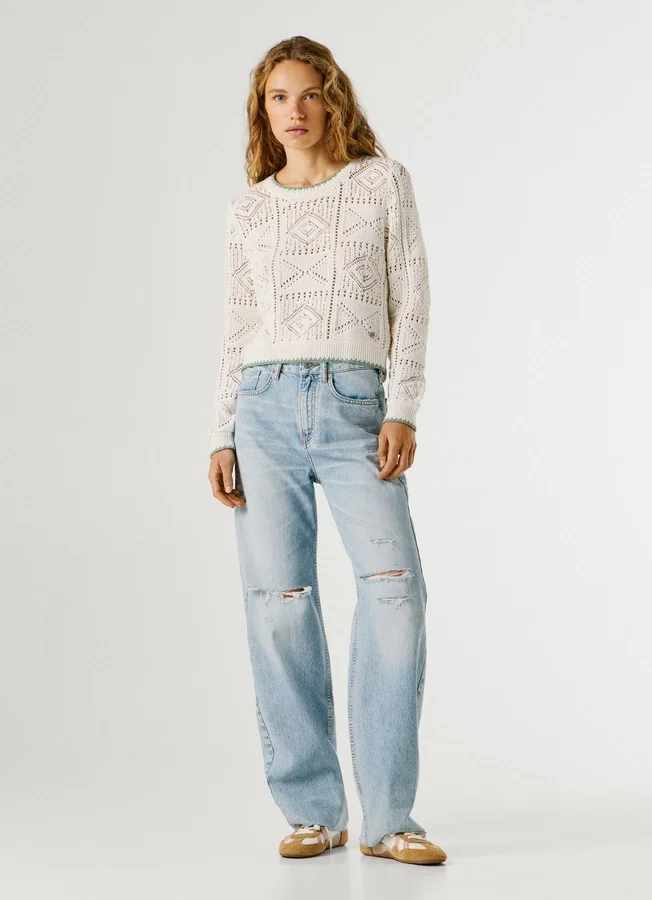 Pullover mit Rundhalsausschnitt und Ajourmuster Pullover mit Rundhalsausschnitt und Ajourmuster