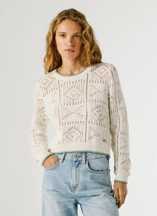 Pullover mit Rundhalsausschnitt und Ajourmuster Pullover mit Rundhalsausschnitt und Ajourmuster
