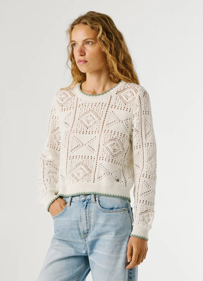 Pullover mit Rundhalsausschnitt und Ajourmuster Pullover mit Rundhalsausschnitt und Ajourmuster