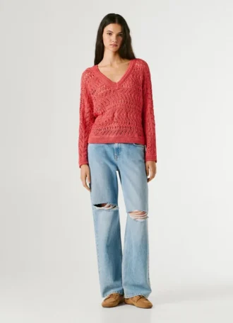 Pullover mit V-Ausschnitt und Ajourmuster