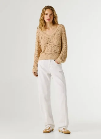 Pullover mit V-Ausschnitt und Ajourmuster