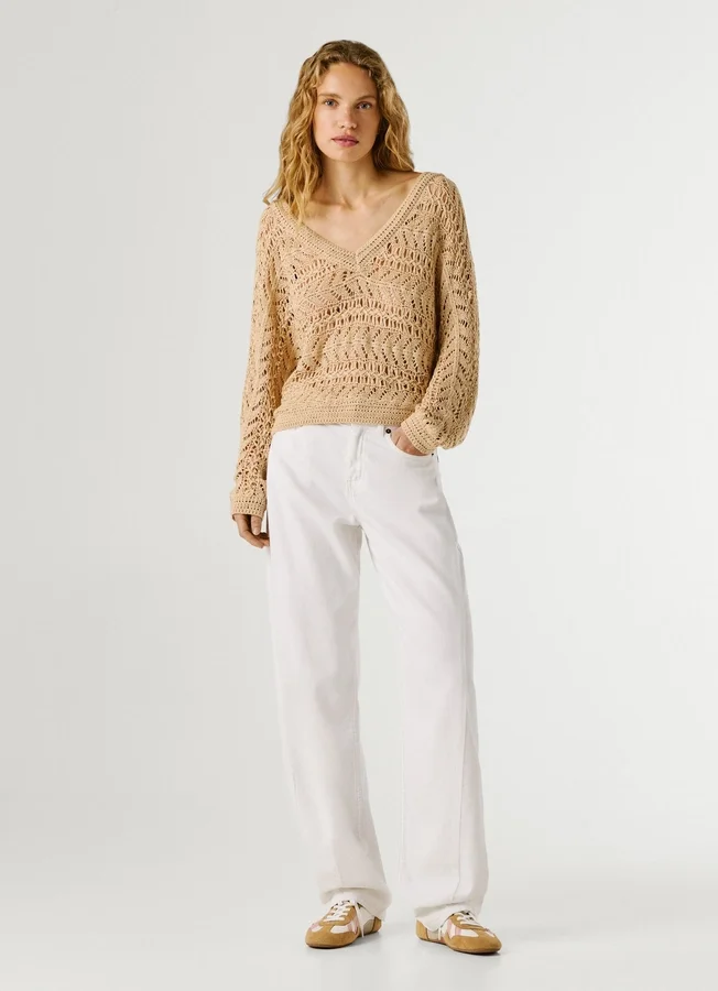 Pullover mit V-Ausschnitt und Ajourmuster Pullover mit V-Ausschnitt und Ajourmuster