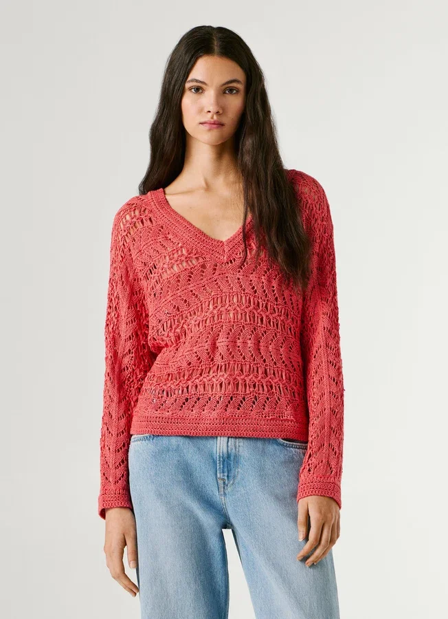 Pullover mit V-Ausschnitt und Ajourmuster Pullover mit V-Ausschnitt und Ajourmuster