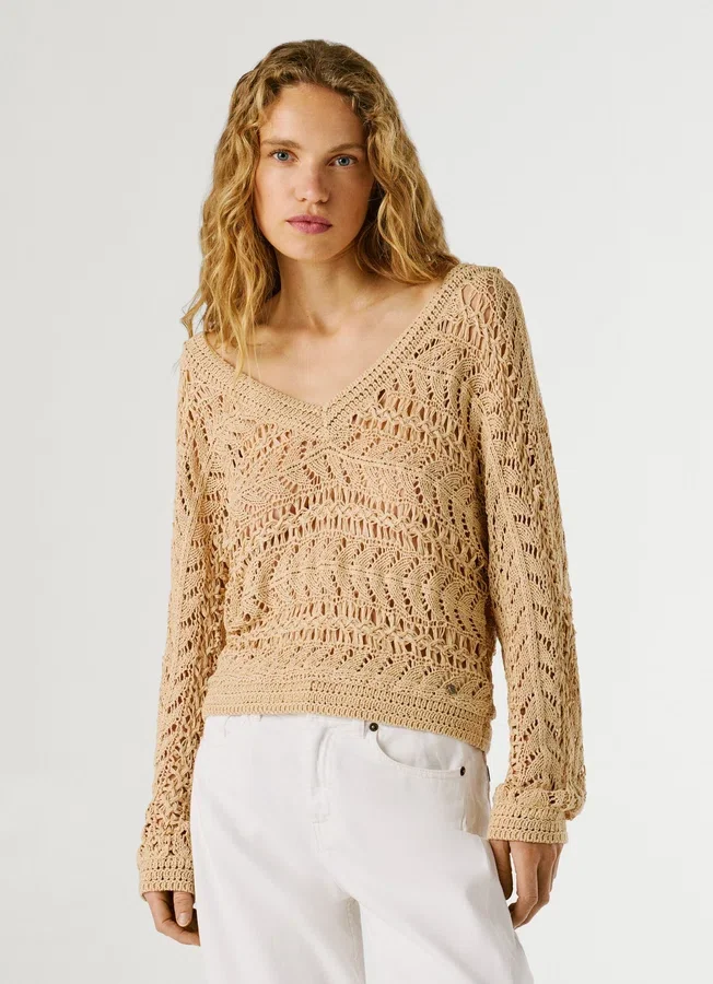 Pullover mit V-Ausschnitt und Ajourmuster Pullover mit V-Ausschnitt und Ajourmuster
