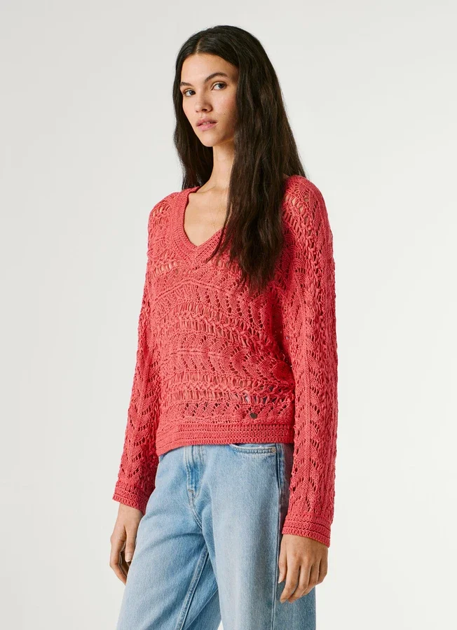 Pullover mit V-Ausschnitt und Ajourmuster Pullover mit V-Ausschnitt und Ajourmuster