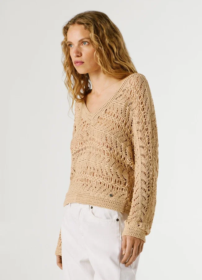 Pullover mit V-Ausschnitt und Ajourmuster Pullover mit V-Ausschnitt und Ajourmuster