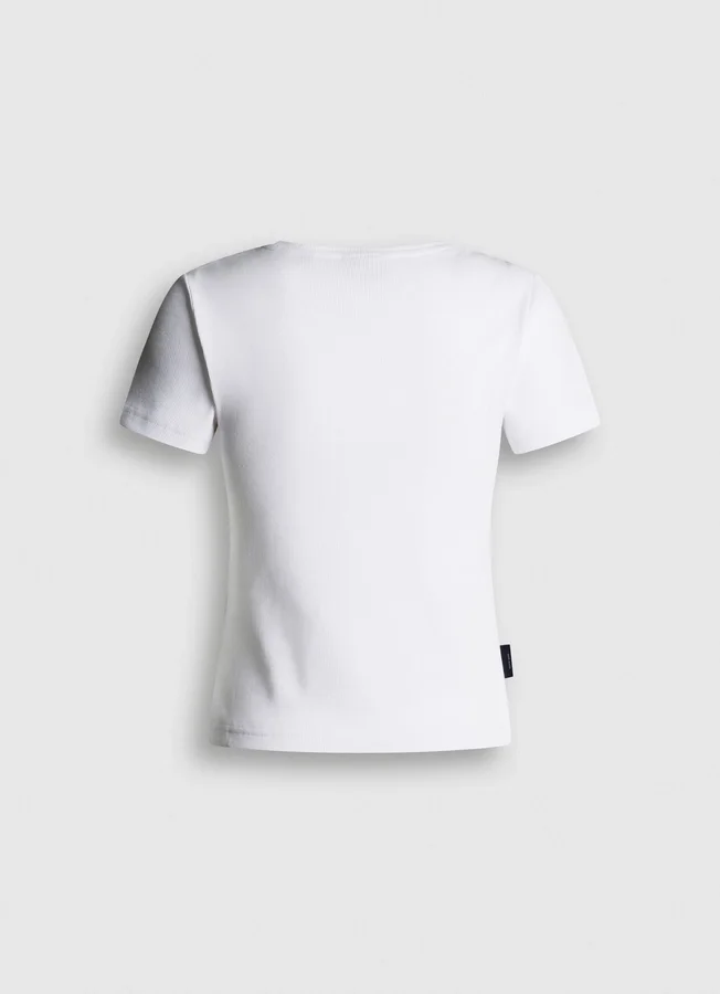 T-Shirt mit gesticktem Logo und Rippbündchen T-Shirt mit gesticktem Logo und Rippbündchen