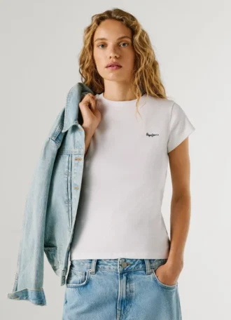 T-Shirt mit gesticktem Logo und Rippstrick